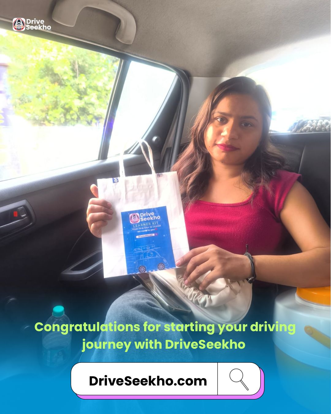 Student learning to drive a car with instructor at driving school in Gandhi Nagar